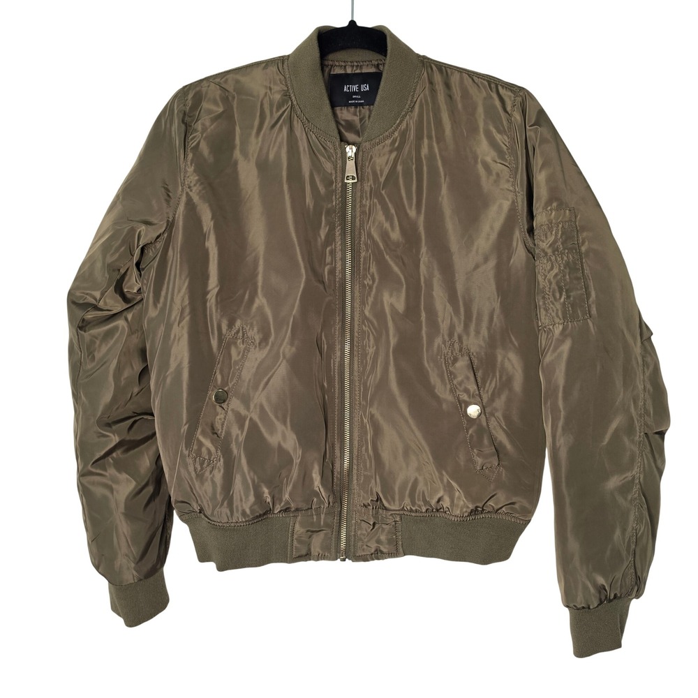 Active USA Bomber Jacket Womens Small Olive Green J2001 Full Zip Utility Pocket